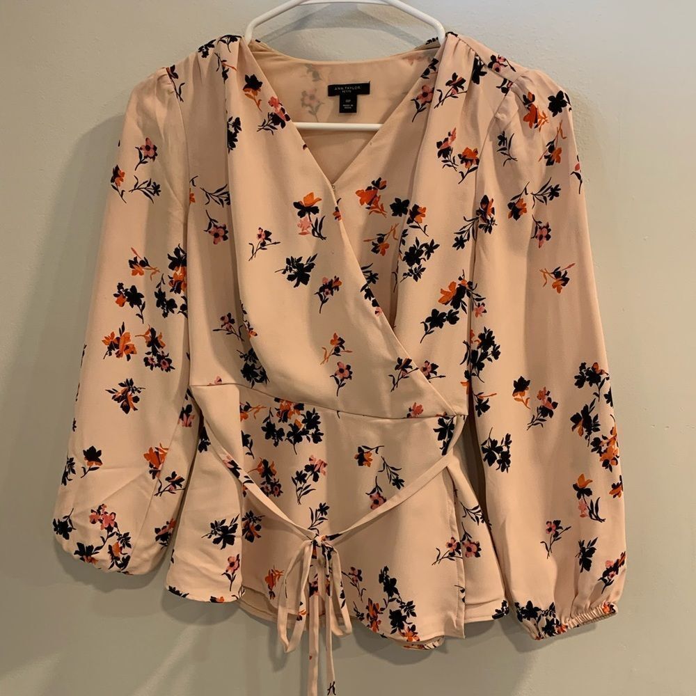 Ann Taylor Pink/Peach  Puff Sleeve Wrap Blouse
